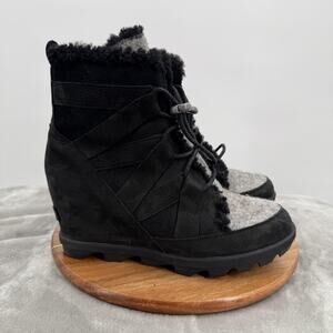 Sorel Wedge Boots Womens 9 Black Gray Suede Shearling Lace Up Winter Lug Sole